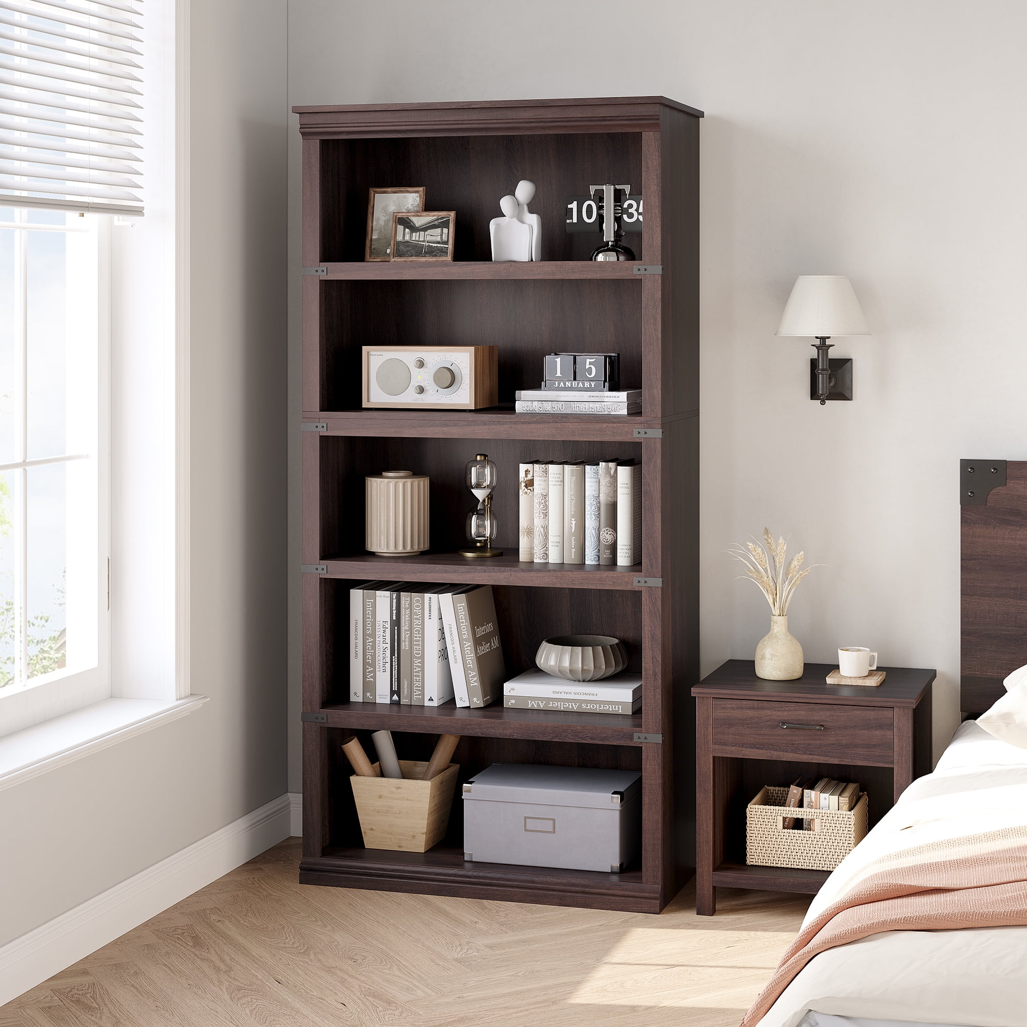M optimized 5 Tier Bookcase, Farmhouse Book shelf with Storage Open Bookshelves, 31.4"x12.7"x67.4" Wooden 5 Shelf Bookcase Home Decor Furniture for Home Office Living Room Bedroom