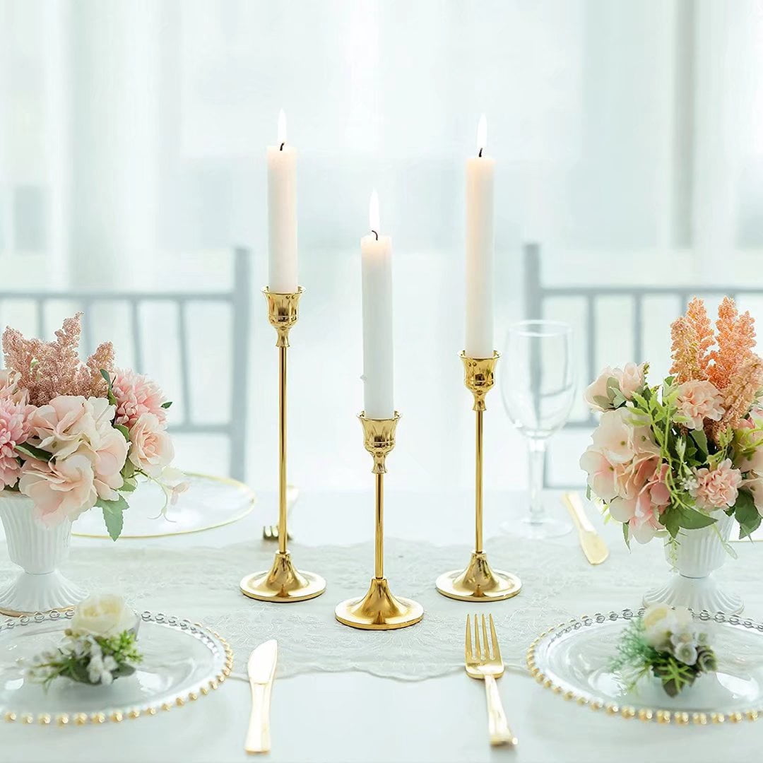 Nuptio Taper Candle Holders In Bulk Brass Gold Candlestick Candle Holders for Home Decor Wedding Dinning Table Centerpiece Set of 30