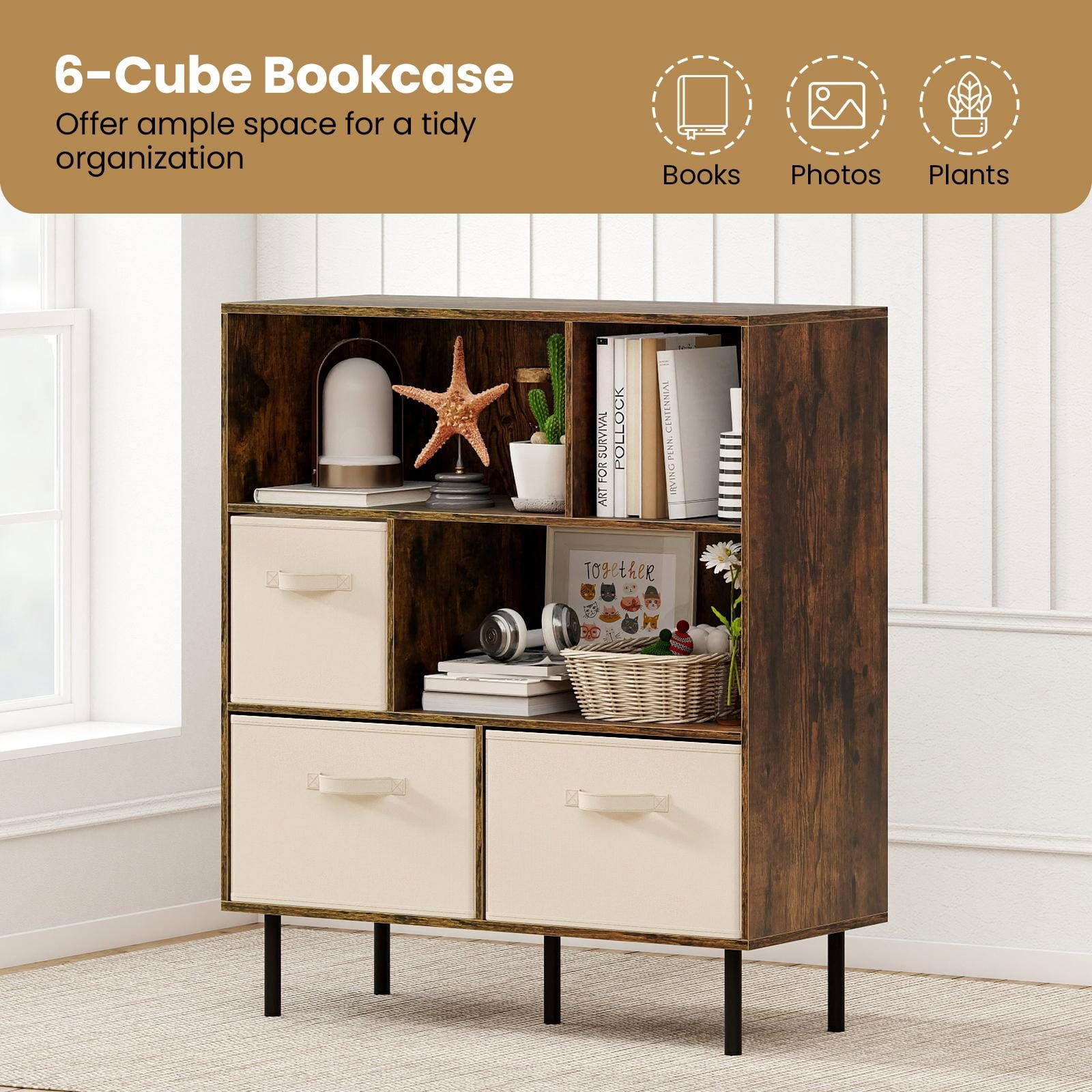 Resenkos 6-Cube Bookshelf with 3 Removable Folding Fabric Drawers, Versatile Storage Cabinet for Living Room, Bedroom, Rustic Brown