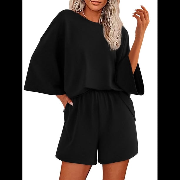 Conjuntos de Pijama para Mujer, Blusas Extragrandes de 3/4 y Pantalones Cortos con Cintura Elástica, Conjuntos de Estar por Casa. Negro L