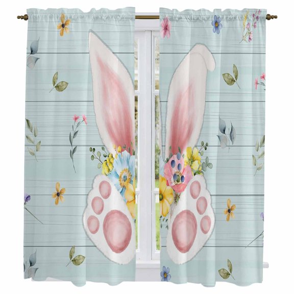 Easter Kitchen Curtains 63 Inch Length, Spring Rabbits Ears Feet Flowers Wooden Grain Tiers Curtains for Living Room Berdoom Bathroom, Light Filtering Drapes Window Treatment 2 Panels 42"Wx63"L