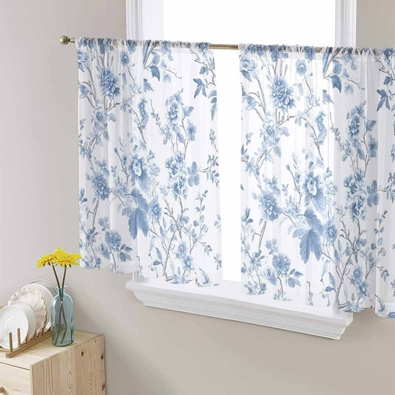Blue White Spring Floral Sheer Curtains 54 Inches Length 2 Panels Set, Window Sheer Curtains for Living Room/Bedroom, Summer Botanical Birds Light Filtering Rod Pocket Curtain 52'' x 54'' x 2