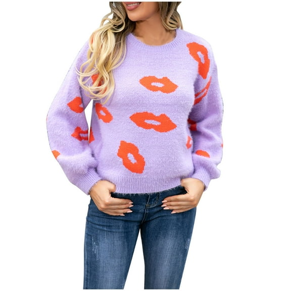 IROINNID Women's Sweater Winter Warm Funny Lip Print Casual Loose Fit Knitting Sweater Blouse,Purple