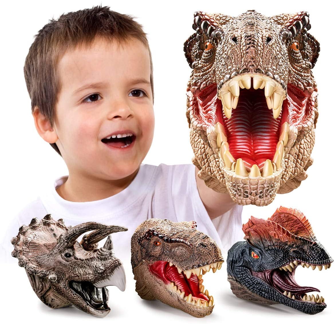 3 Pack Dinosaur Hand Puppets, Soft Rubber Dinosaur Toys Set, Realistic