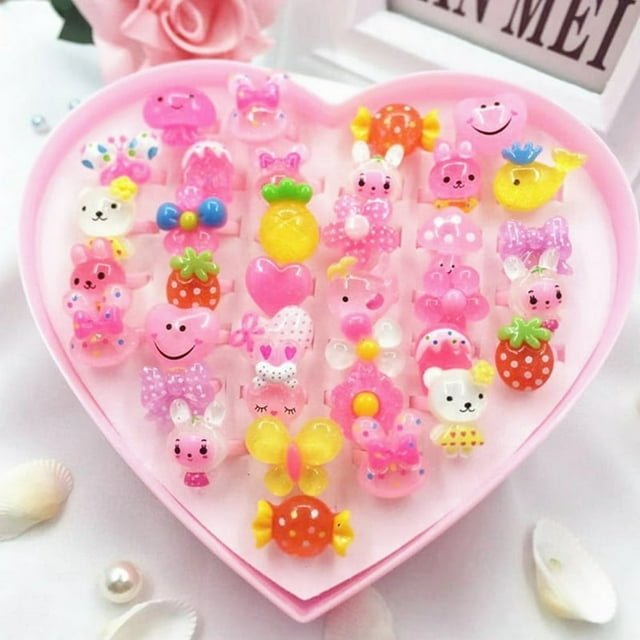36 pcs Little Girl Adjustable Resin Rings in Box Flowers Fruits Animals Rings set with Heart Shaped box
