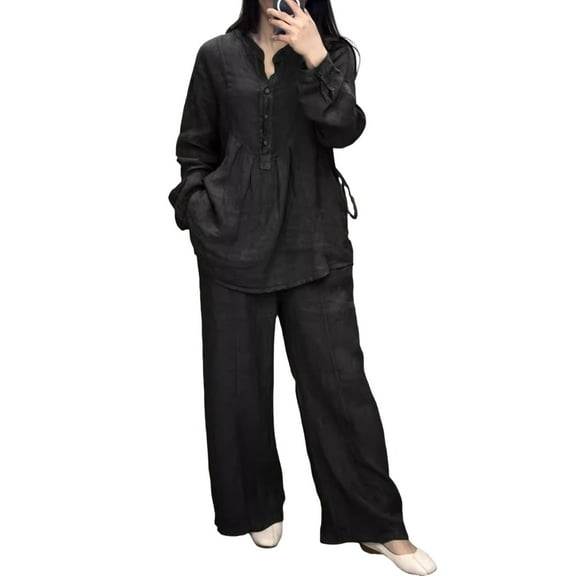 2 Pcs/Set Women Top Pants Suit Round Neck Half Single-breasted Long Sleeves Loose Blouse Wide Leg Pure Color Trousers Casual Pantsuit Sport Clothes