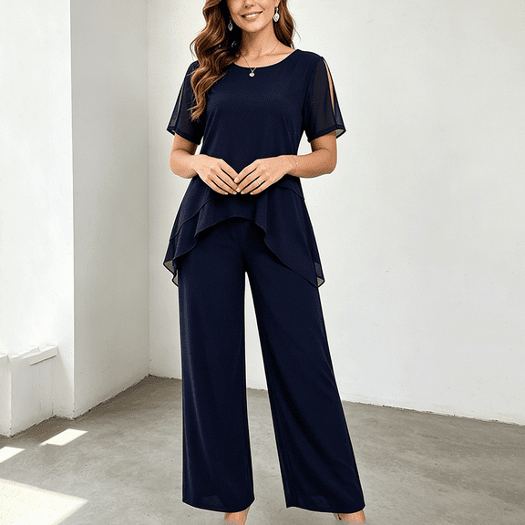 Morttic Women's Elegant Chiffon Solid Color 2 Piece Set – Slit Short Sleeve Top & Wide Leg Pants Daily Home & Lounge Outfit Navy Blue,S