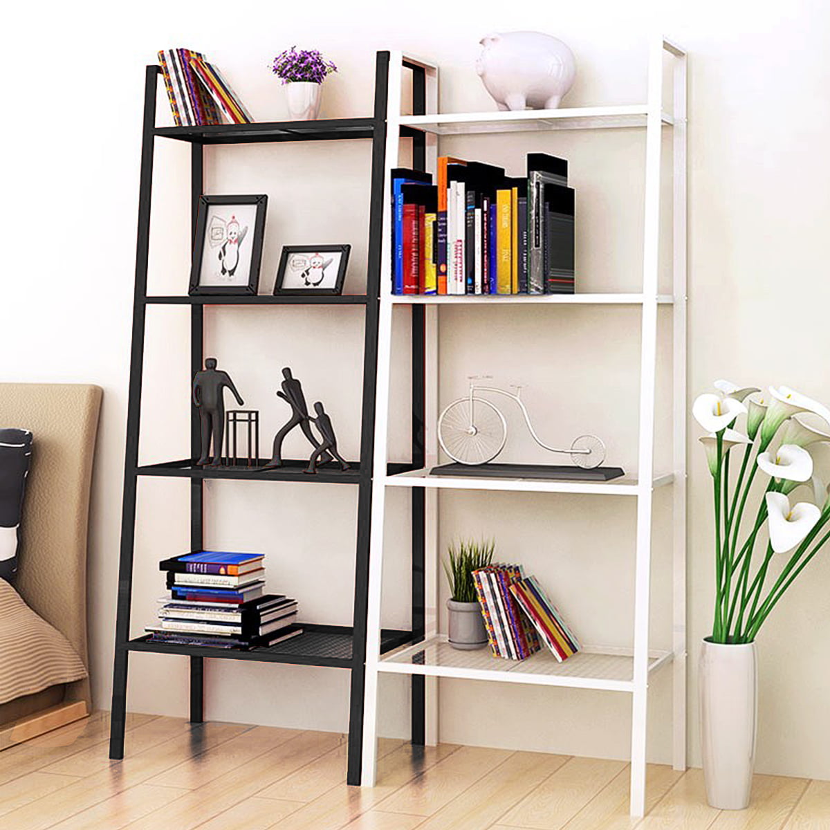 Multifunctional Display Stand for Living Room Solid Wood Frame 5-Tier Bookcase 73 H Ladder Shelf Black Finish
