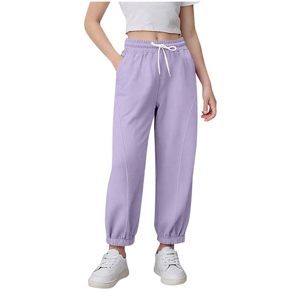 XUNKUSGA Sweatpants for Girls 4-15 Years Solid Color Baggy Thickened Pants Casual High Waisted Comfy Cinch Bottom Sweat Pants with Pockets and Drawstring Purple