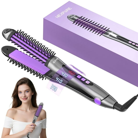 Rizador y Plancha de Pelo NEXPURE 2 en 1, Cepillo Plancha, Cepillo Térmico Anti-Escaldaduras con Calentamiento Rápido de 30 s, 11 Temperaturas Ajustables, Iones Negativos, Morado