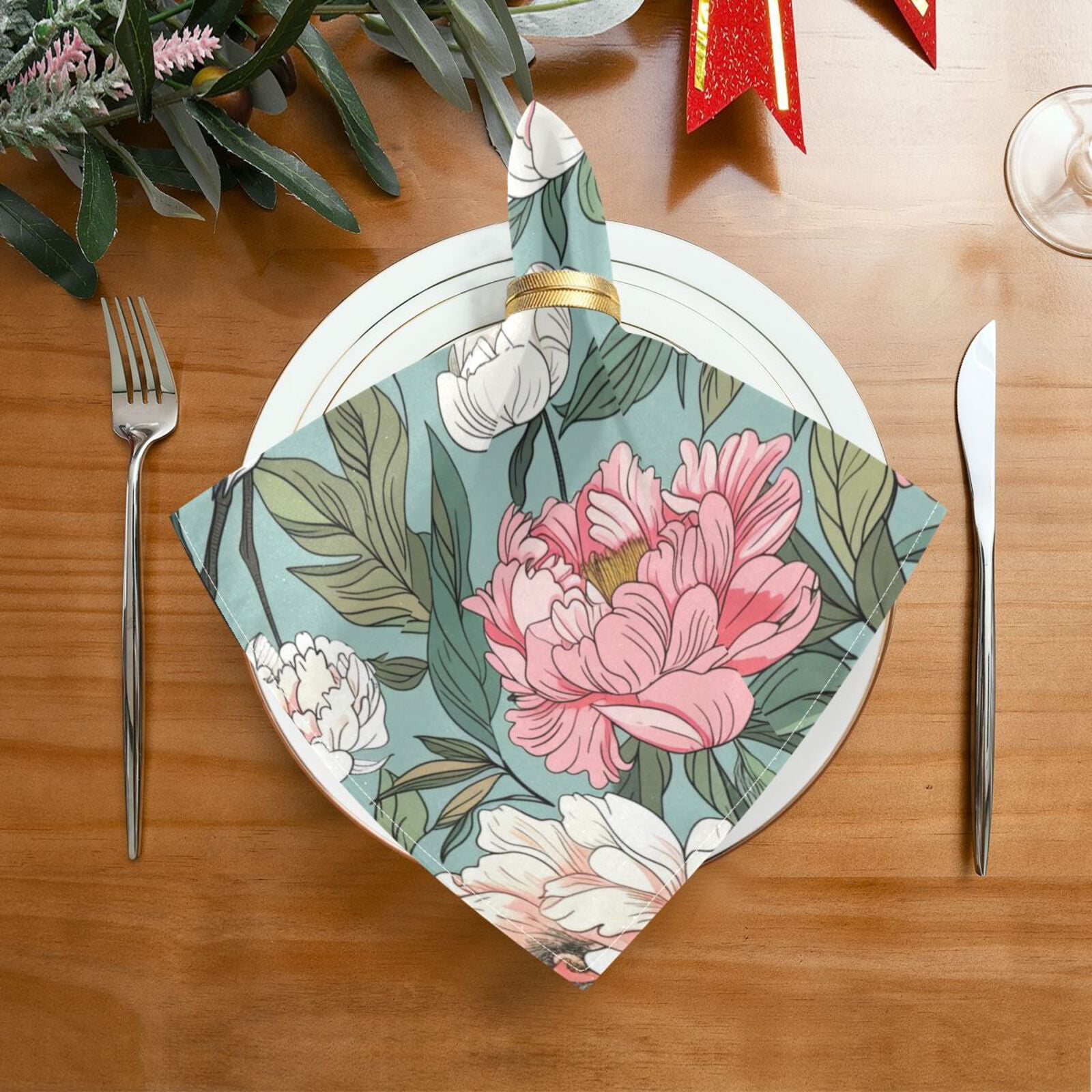 JSTEL Peony Flowers Crane Cloth Napkins Set of 6, 20x20 Inch Washable and Reusable Napkin for Decoupage Dinner Party Everyday Use