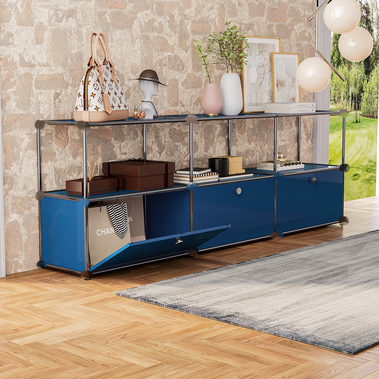 Raffle Pinker Metal Storage Cabinets with 3 Doors and Shelves Tall Steel Lockers Accent Storage Organizer for Living Room,Blue
