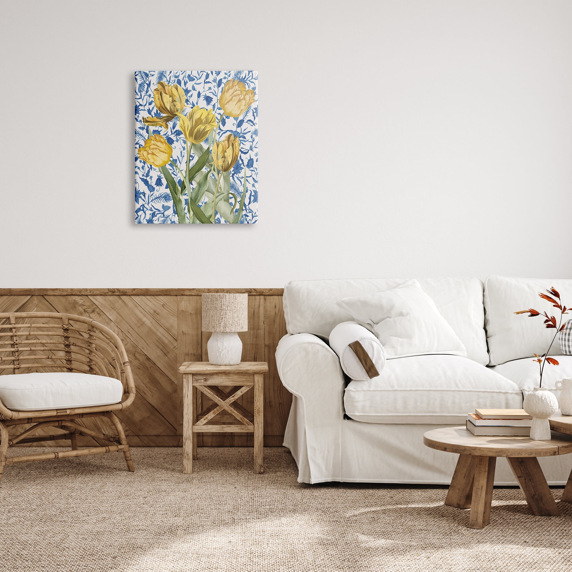 Stupell Industries Tulips on Blue Toile Botanical & Floral Painting Gallery Wrapped Canvas Art Print Wall Art, 24 x 30