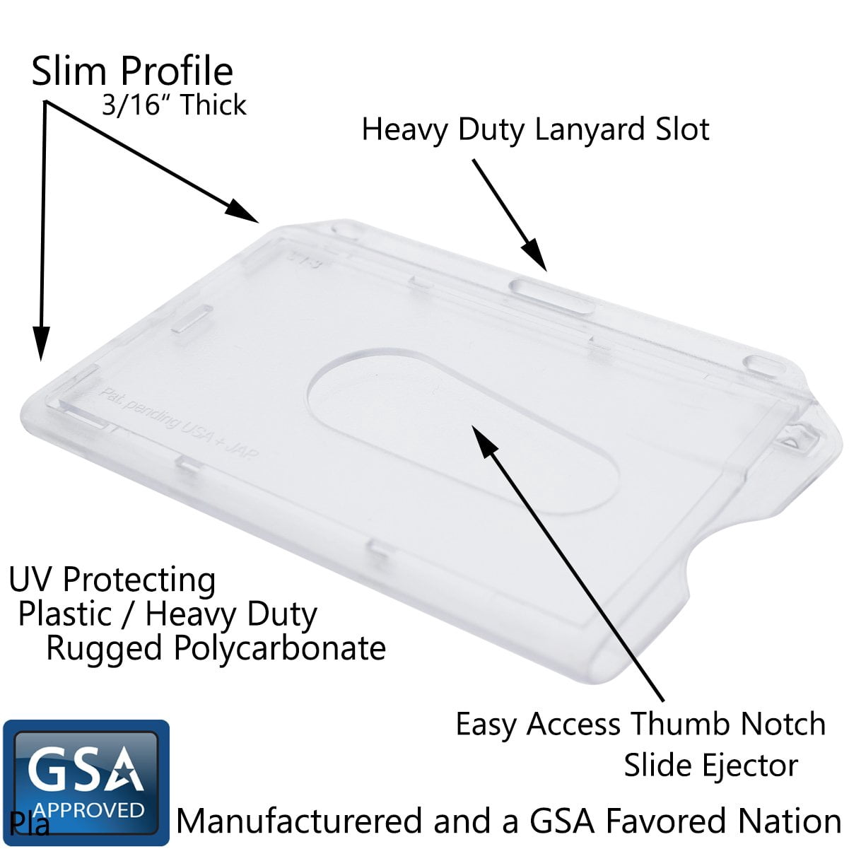 Bulk 50 Pack - Slim Heavy Duty Horizontal ID Badge Holders - Hard Plastic (Holds 1 Card) Clear Polycarbonate - Single CR80 30 Mil - Rigid Case Easy Access with Thumb Notch Dispenser by Specialist ID