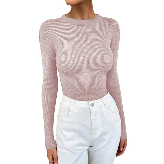 WEAIXIMIUNG Women Solid Color O Neck Knitted Sweater Bottoming Turtleneck Sweater Tops