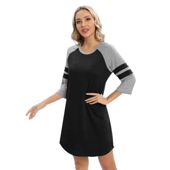 Baywell Nightgown 3/4 Sleeve for Women Sleepwear Crew Neck Loungewear Aboce The Knee Length Nightshirt Black S-2XL