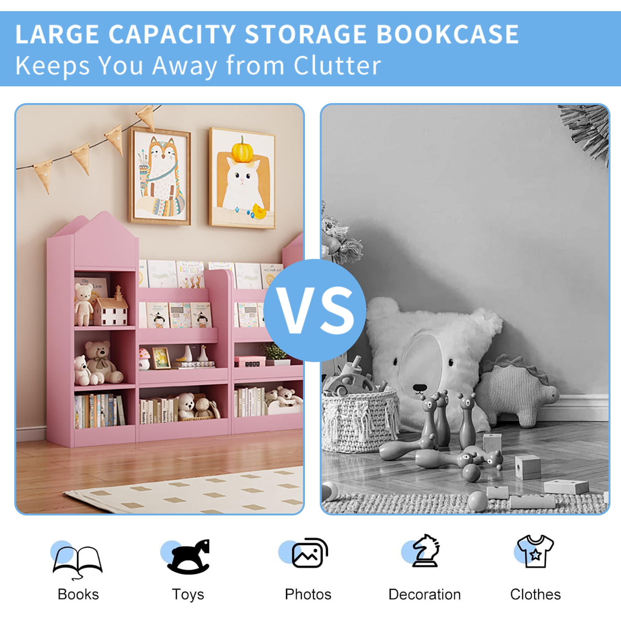 Aukfa Kids Bookshelf and Toy Storage,Wood Storage Organizer for Playroom Bedroom,Yellow