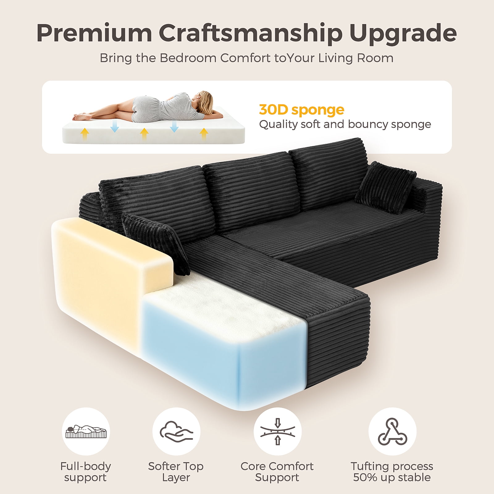 106” Sectional Couch with Chaise, Cloud Boneless Couches Flannel Plush with Deep Seat, L-Shaped Compressed Modular Sofa with Cushions for Living Room, Small Space, Black