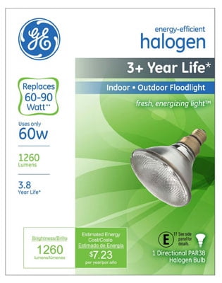 GE 60W PAR38 Halogen Flood Light Bulb 25 Degree Indoor/Outdoor Lamp 60PAR/H/FL25 