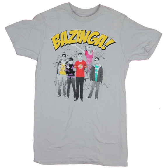 Big Bang Theory Mens T-Shirt - Colorful Cast Standing Under Bazinga (2X-Large)