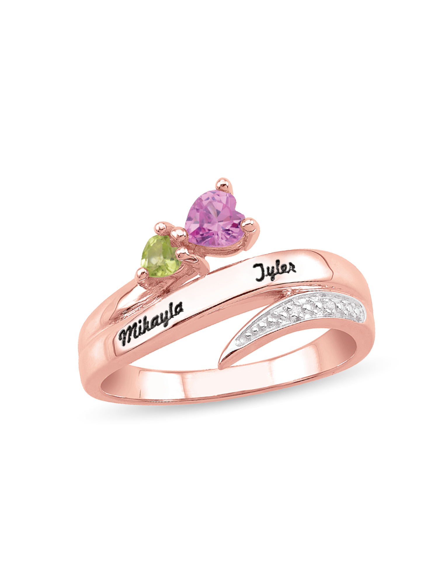 Personalized Engravable Bypass Couple's Heart Birthstone Ring in 10K Gold with Diamond Accents by Jewlster