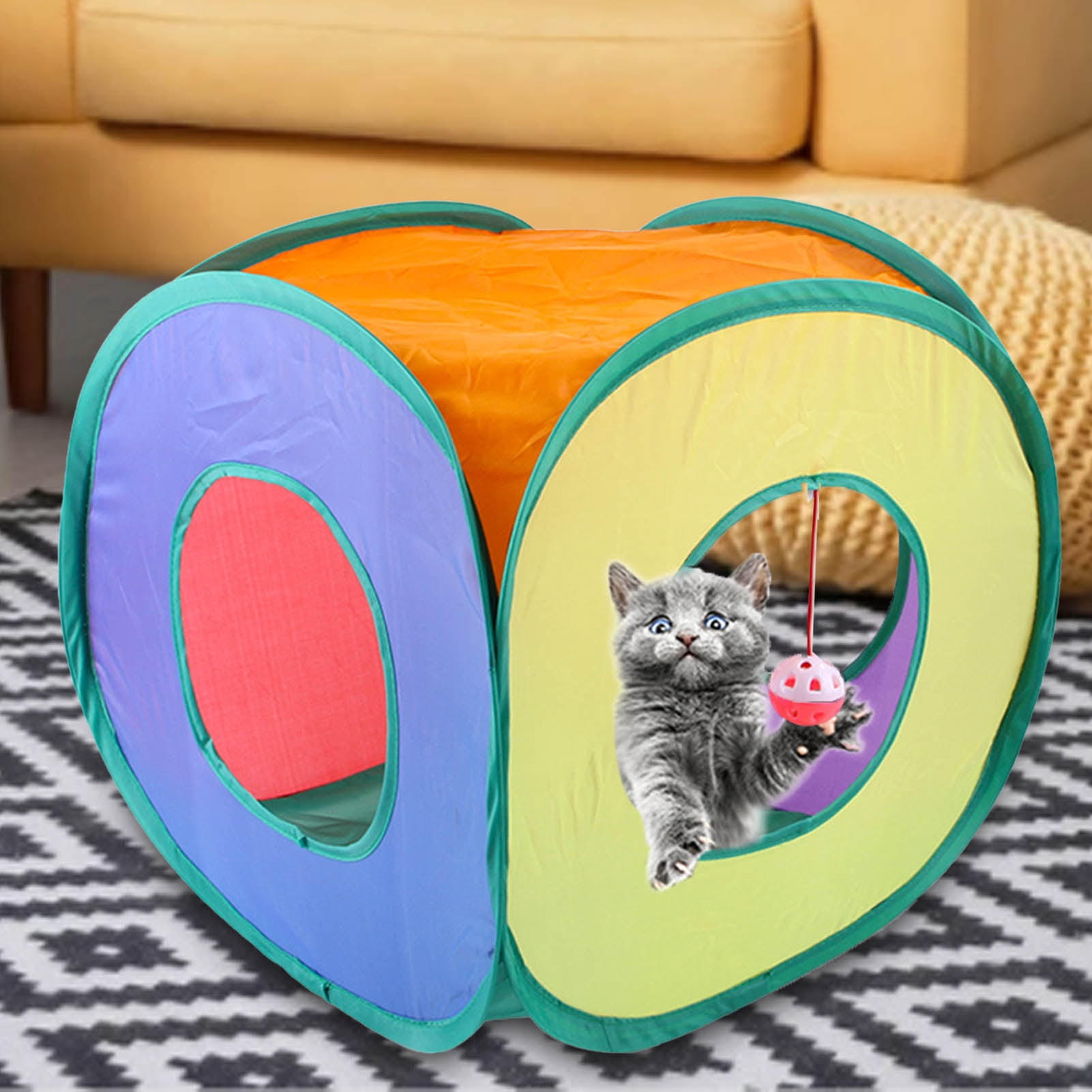 DOPI Cat Tube Toy Rainbow Color Relieve Boredom Foldable Square Pet Kitten Tunnel Toy Pet Gift