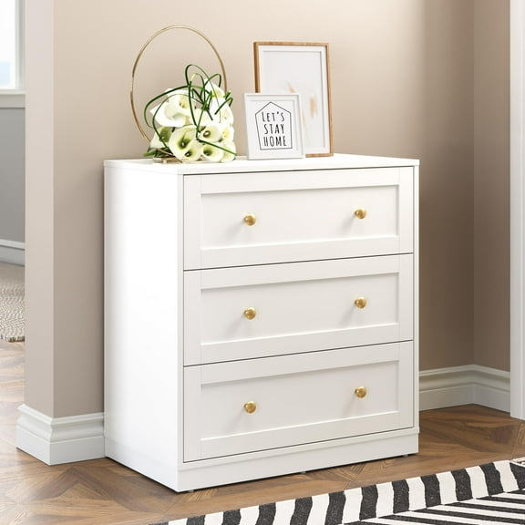 Heynemo Wood 3 Drawer Dresser, White Chest of Drawers with Gold Dresser Knobs, Modern Wide Dresser for Bedroom, Hallway, Entryway, Closets, Living Room