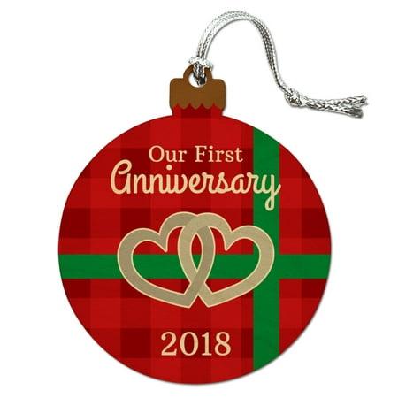 Our First Anniversary 2018 Hearts Red Plaid Green Bow Wood Christmas Tree Holiday