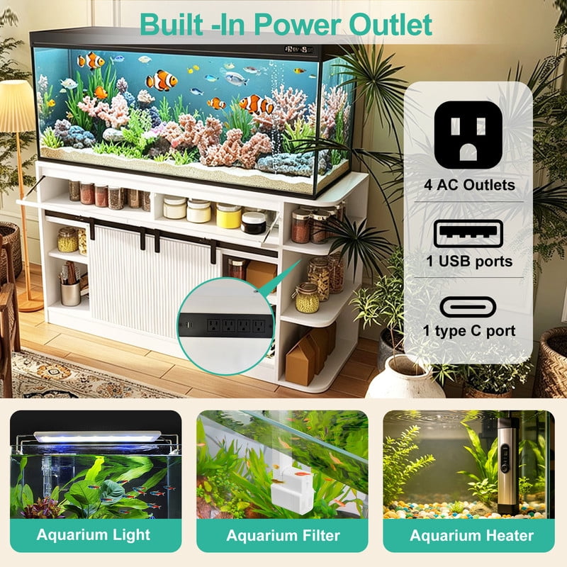 55-75 gal Fish Tank Stand with Power Outlets & LED Light, Aquarium Stand Storage Cabinet with Sliding Door