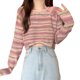 thumbnail image 1 of Lindo suéter de manga larga con cuello redondo dulce color retro raya casual suéter corto, 1 of 8