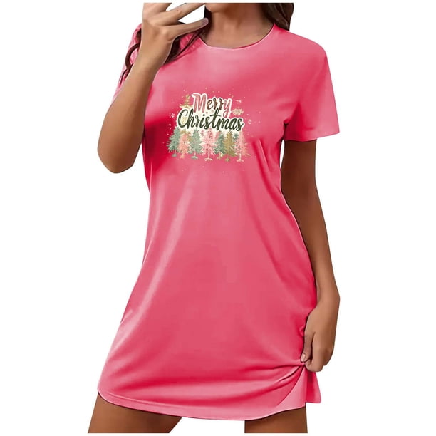 Camisón corto navideño para mujer, talla grande, con cuello redondo estampado y mangas cortas, para el pecho.