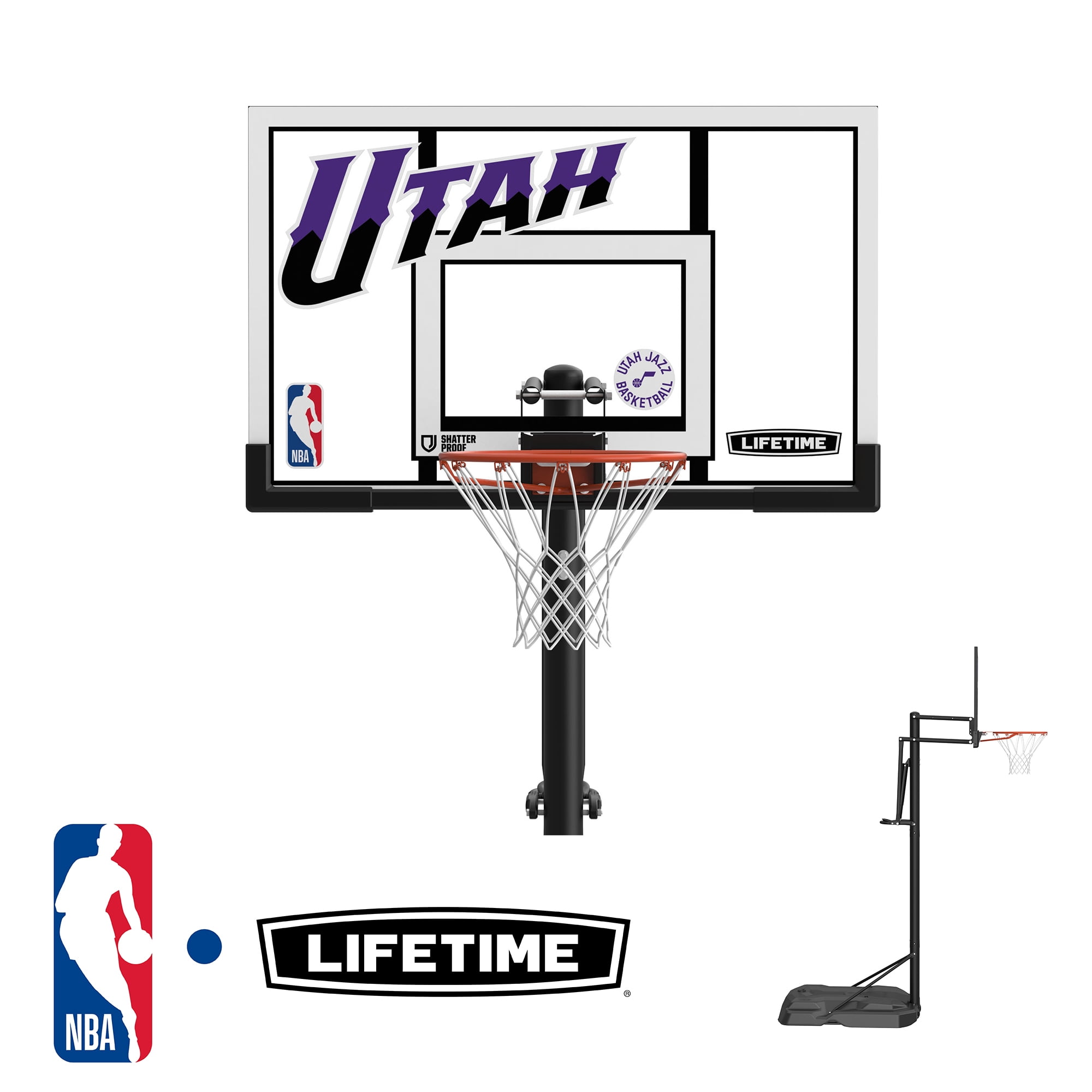 Lifetime NBA Branded  7.5 ft - 10 ft. Adjustable Height 52"  Portable Steel-Framed Shatterproof Basketball Hoop- Utah Jazz (92103)