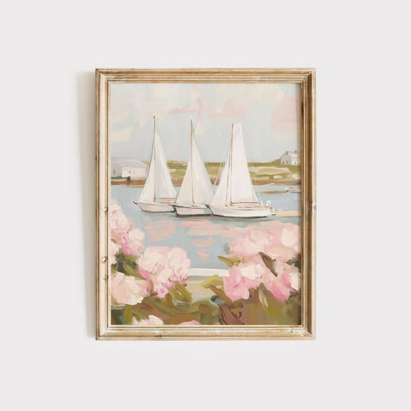 Sailboats & Hydrangeas Painting | Coastal Wall Art | Coastal Granddaughter Decor, Matte Canvas Stretched, Posters for Room Bedroom Living Room Bathroom Wall Decor, Posters & Art Prints, Gift.