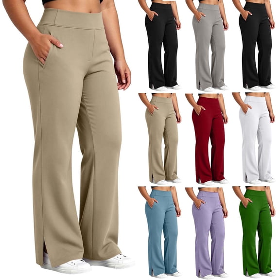 Miqool Plus Size Wide Leg Pants for Women High Waisted Yoga Pants with Side Pockets Split Hem Elastic Waist Casual Work Trousers