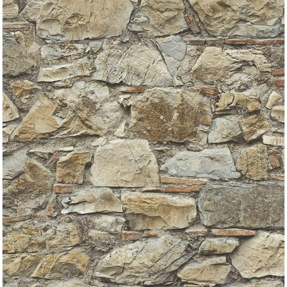 Faux Stone Wall Rustic Prepasted Wallpaper (Toffee & Ivory)