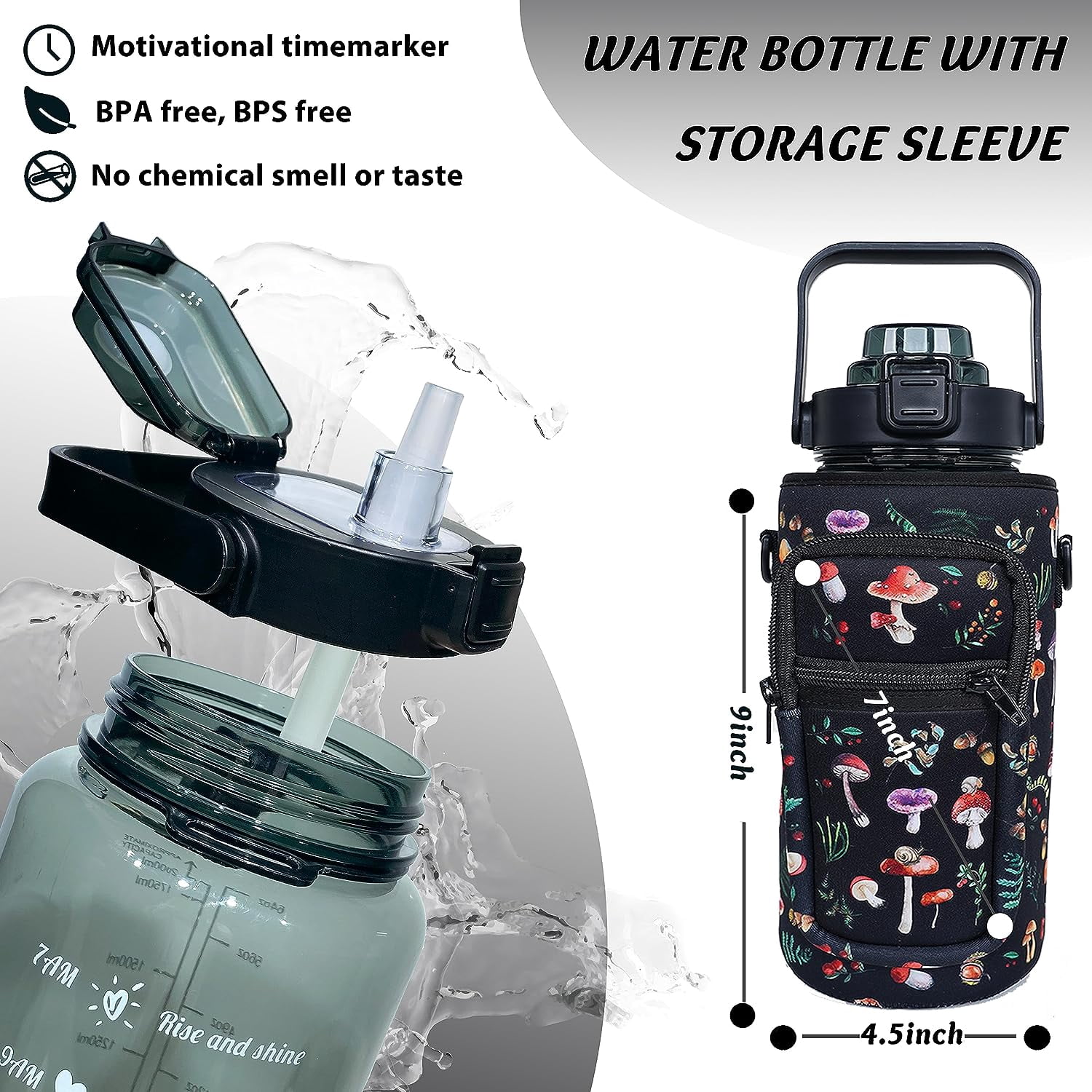 64 oz Water Bottle with Straw & Sleeve motivational BPA-free Half Gallon Water Bottle Holder with Strap Aesthetic Water Jugs for Drinking with Handle for Gym Women Men Mushroom