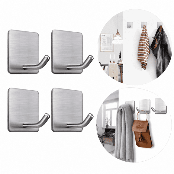 Heavy Duty Adhesive Towel Hooks Stick on Towel Hanger Wall Holder Waterproof Stainless Steel Sticky Hooks for Hanging Bathroom Kitchen Home-4 Packs