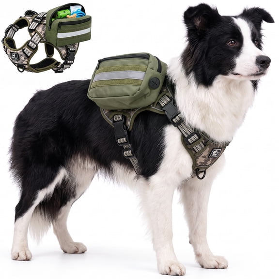 HUTACT Dog Harness with Pocket, No Pull Dog Harness for Large Dogs, Reflective Pet Vest Side Pockets for Night Walking Running Hiking Training Easy Control, Green L