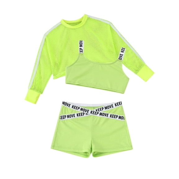 renvena Kids Girls Cool Hip Hop Dance Outfits 3pcs Workout Short Net Blouse with Tank Top and Boyshorts Set