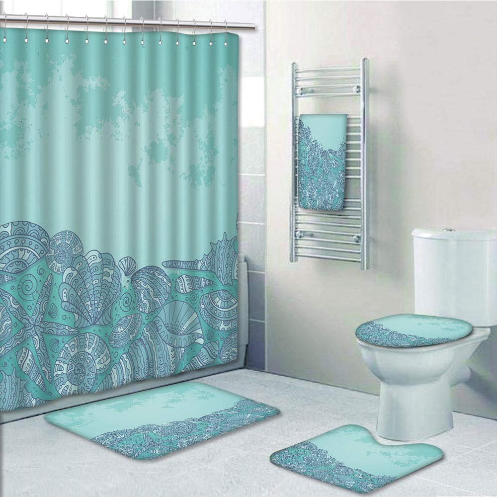 Erehome Nautical Marine Beauty Shell With Seahorse Starfish Oysters Ocean Sea Tropical 5 Piece Bathroom Set Shower Curtain Bath Towel Bath Rug Contour Mat And Toilet Lid Cover Walmart Canada