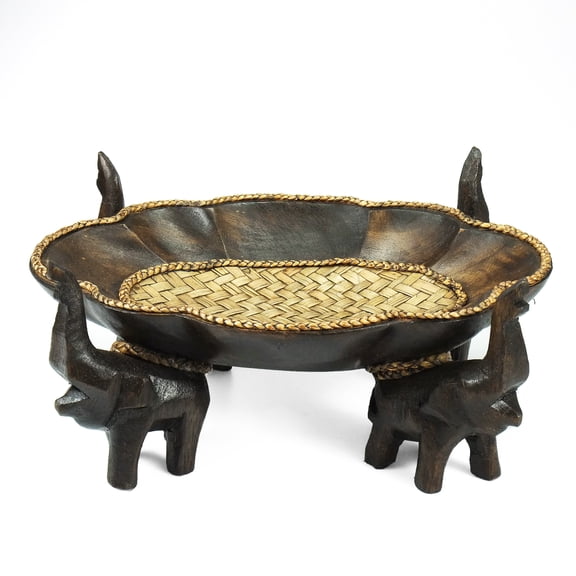 Triumphant Elephant Leaves Carved Rain Tree Wooden Tray