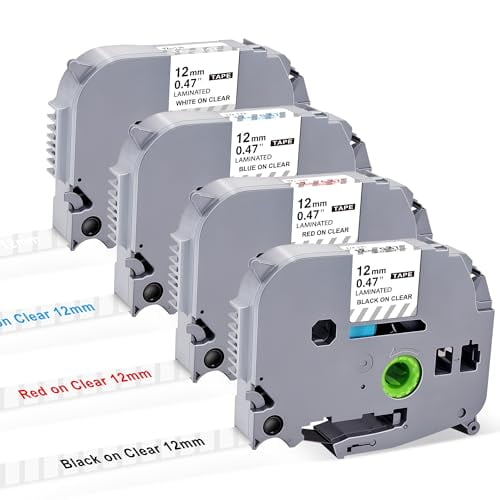 4 Pack Replacement for Brother Ptouch Tape 12mm 0.47 Clear Transparent Label Maker Tape Tze 131 132 133 135 Laminated 1/2 Inch,Black/White/Blue/Red on Clear,for P-Touch PTD210,PTP300BT,PTD410