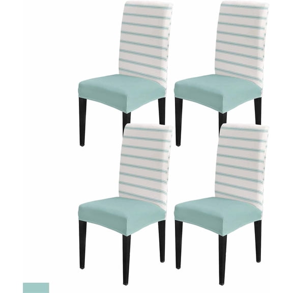 Aqua Striped Dining Room Chair Covers Set of 4, Stretch Kitchen Chair Cover Protector, Rustic Teal Stripe Modern Art Beige Chair Slipcovers Removable Chair Seat Cover for Party Banquet