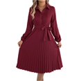 thumbnail image 2 of Women's Dress Long Sleeve Lapel Collar Solid Color Waist Defining Pleated Skirt Midi Dress for Spring Fall,Wine,M, 2 of 8