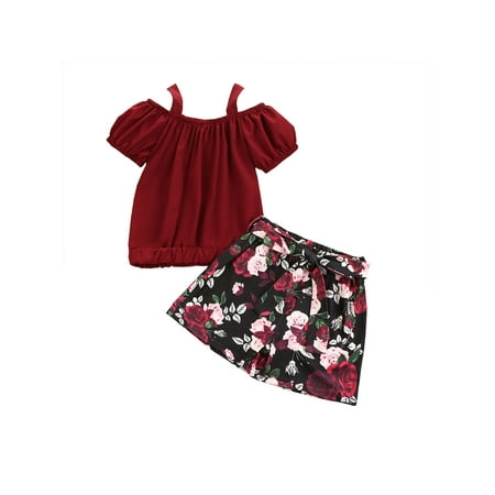 

Calsunbaby Little Girls 2 Pieces Outfit Solid Color Boat Neck Short Sleeve T-shirt Floral Print Shorts Summer Set