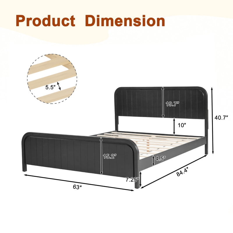 Queen Size Low Profile Bed Frame with Striped Headboard & Footboard, Wood Platform Bed with Slats Support & 7'' Under-Bed Space