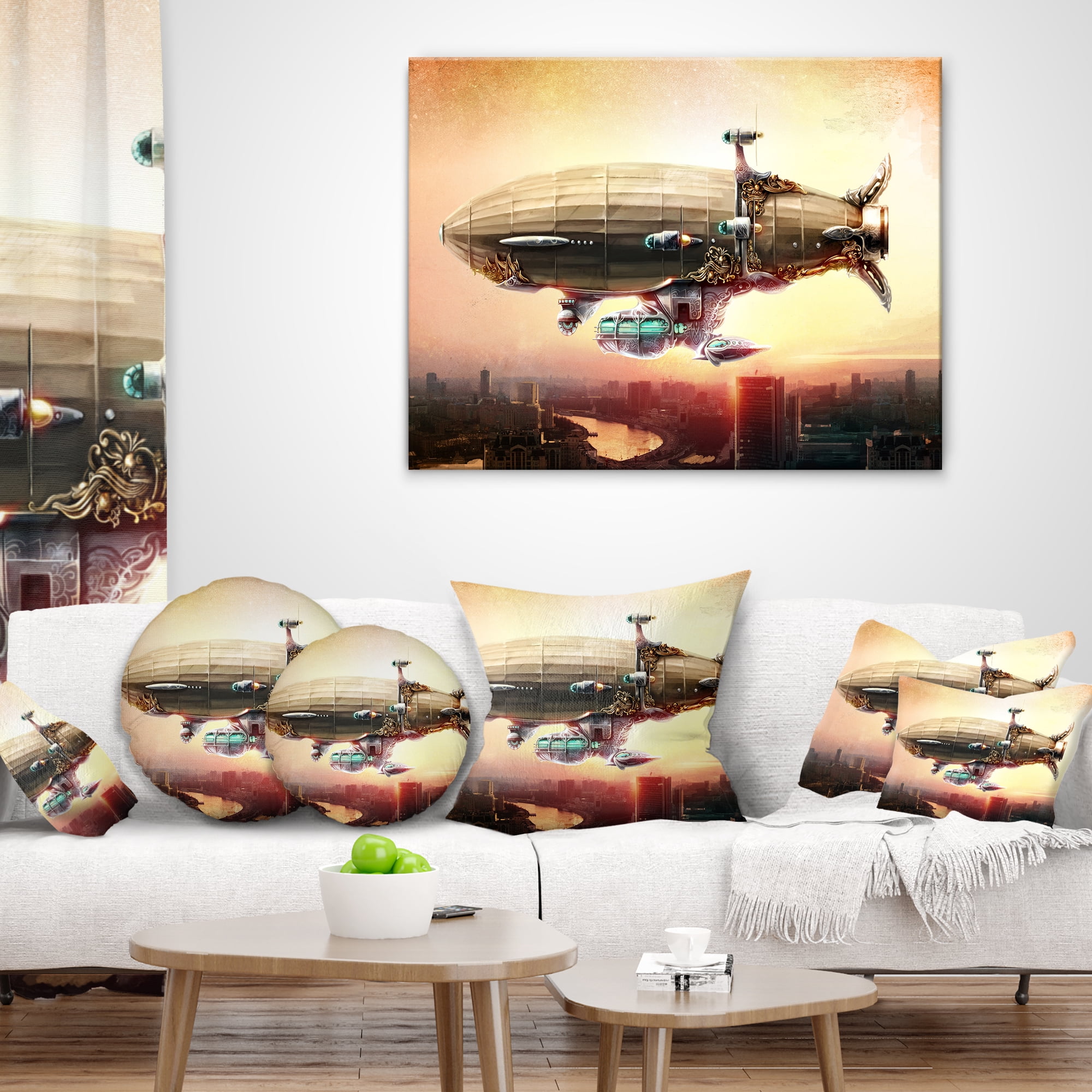 Designart Dirigible Balloon in Sky over City - Abstract Throw Pillow - 16x16