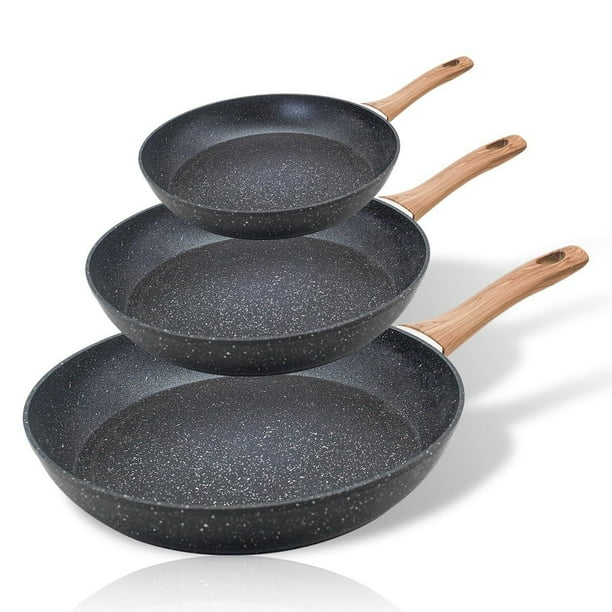 Sartenes con Revestimiento Antiadherente, Sartén de Piedra 100% Libre de PFOA, Conducción Uniforme y Rápida, Apto Universal para Estufas de Gas, Eléctrica, Cerámica etc. (Juego de 3pzas)