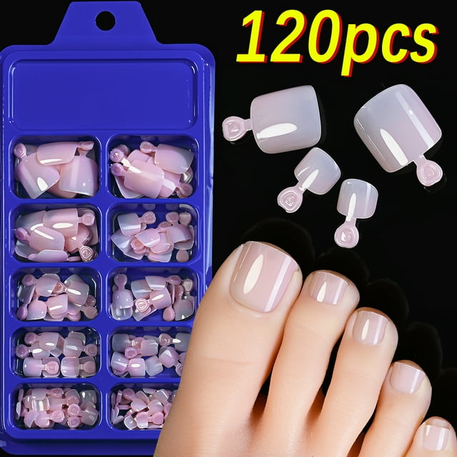 100 Uds. Uñas postizas transparentes para dedos de los pies, cuadradas francesas, color blanco natural, cobertura completa, uñas postizas para los pies, puntas de uñas artificiales