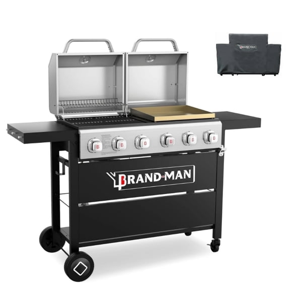 Brand-Man 6-Burner 2 in 1 Propane Gas Grill and Griddle Combo with Cover, Double Stainless Steel Lids for Outdoor Barbecue